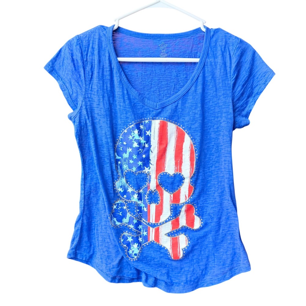 Star T-Shirt Women S‎ Blue American Flag Skull Studded Short Sleeve Slub Tee